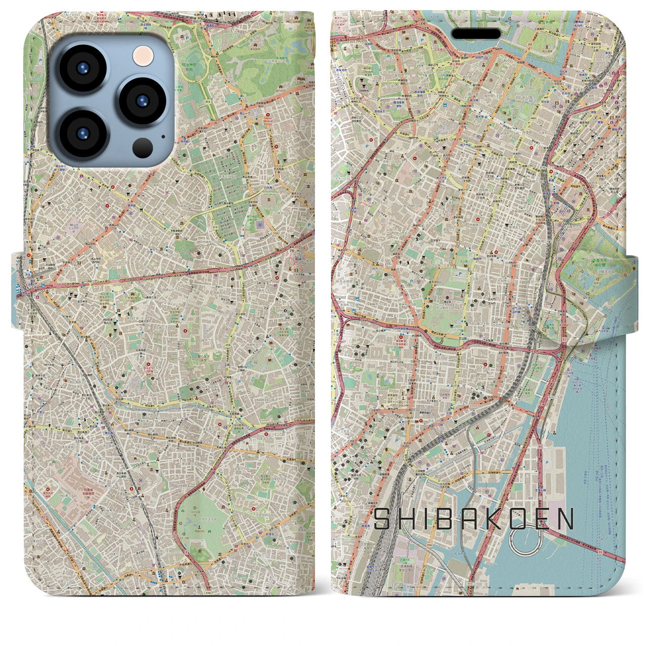 【芝公園】地図柄iPhoneケース（手帳両面タイプ・ナチュラル）iPhone 13 Pro Max 用