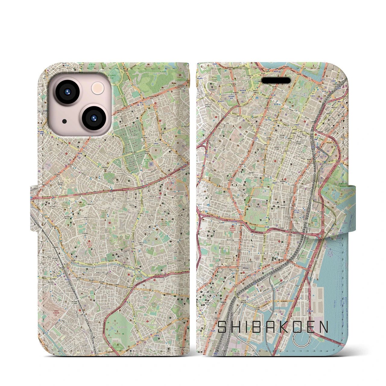 【芝公園】地図柄iPhoneケース（手帳両面タイプ・ナチュラル）iPhone 13 mini 用