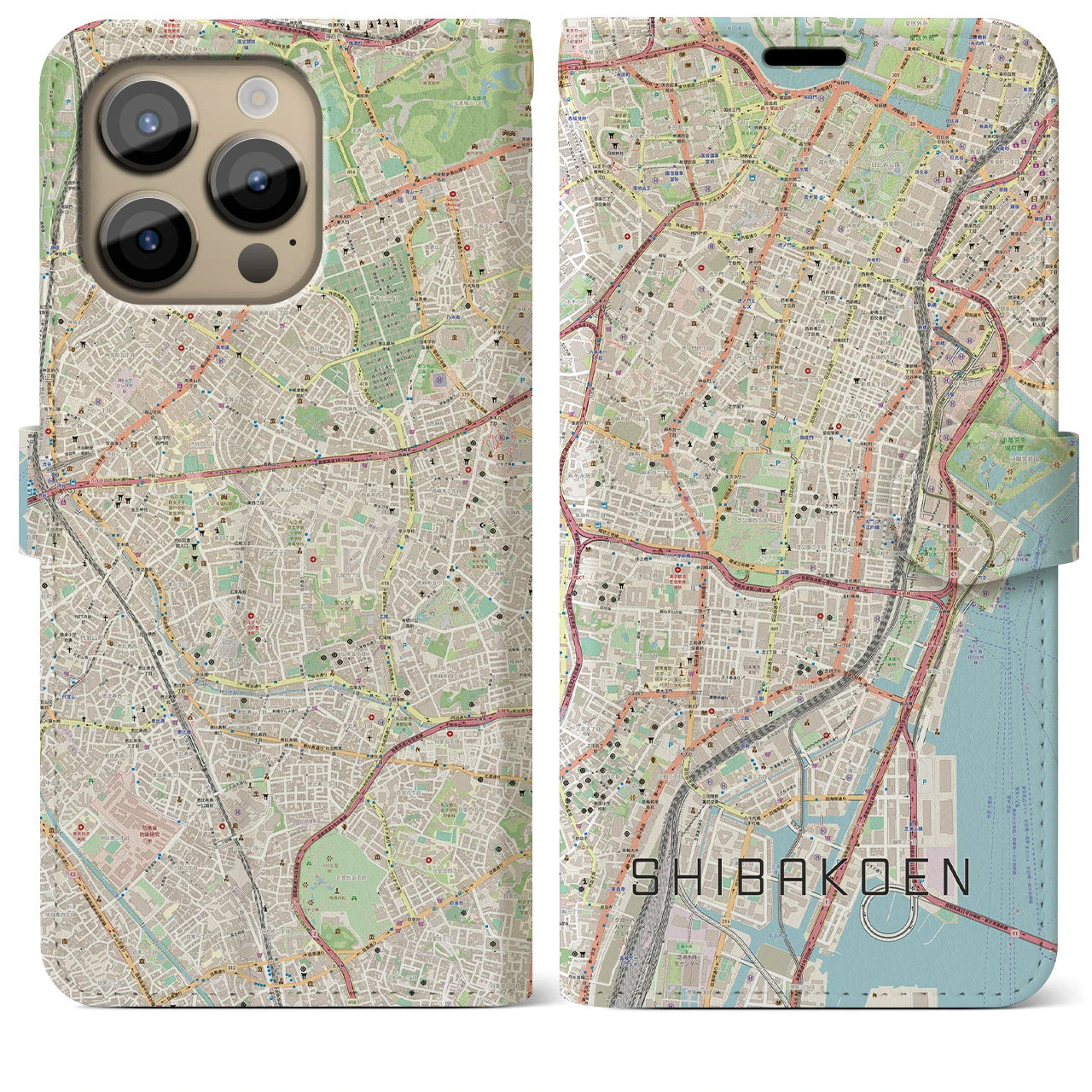 【芝公園】地図柄iPhoneケース（手帳両面タイプ・ナチュラル）iPhone 14 Pro Max 用
