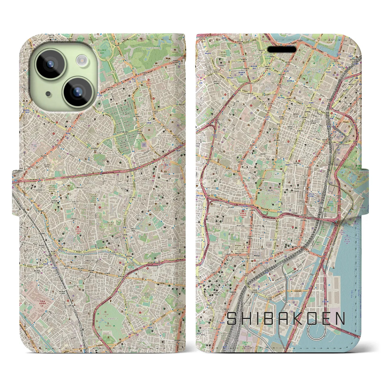 【芝公園】地図柄iPhoneケース（手帳両面タイプ・ナチュラル）iPhone 15 用