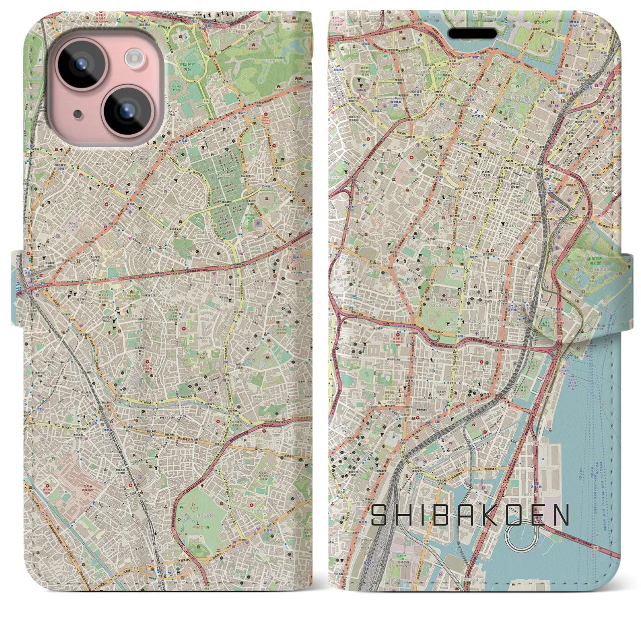 【芝公園】地図柄iPhoneケース（手帳両面タイプ・ナチュラル）iPhone 15 Plus 用