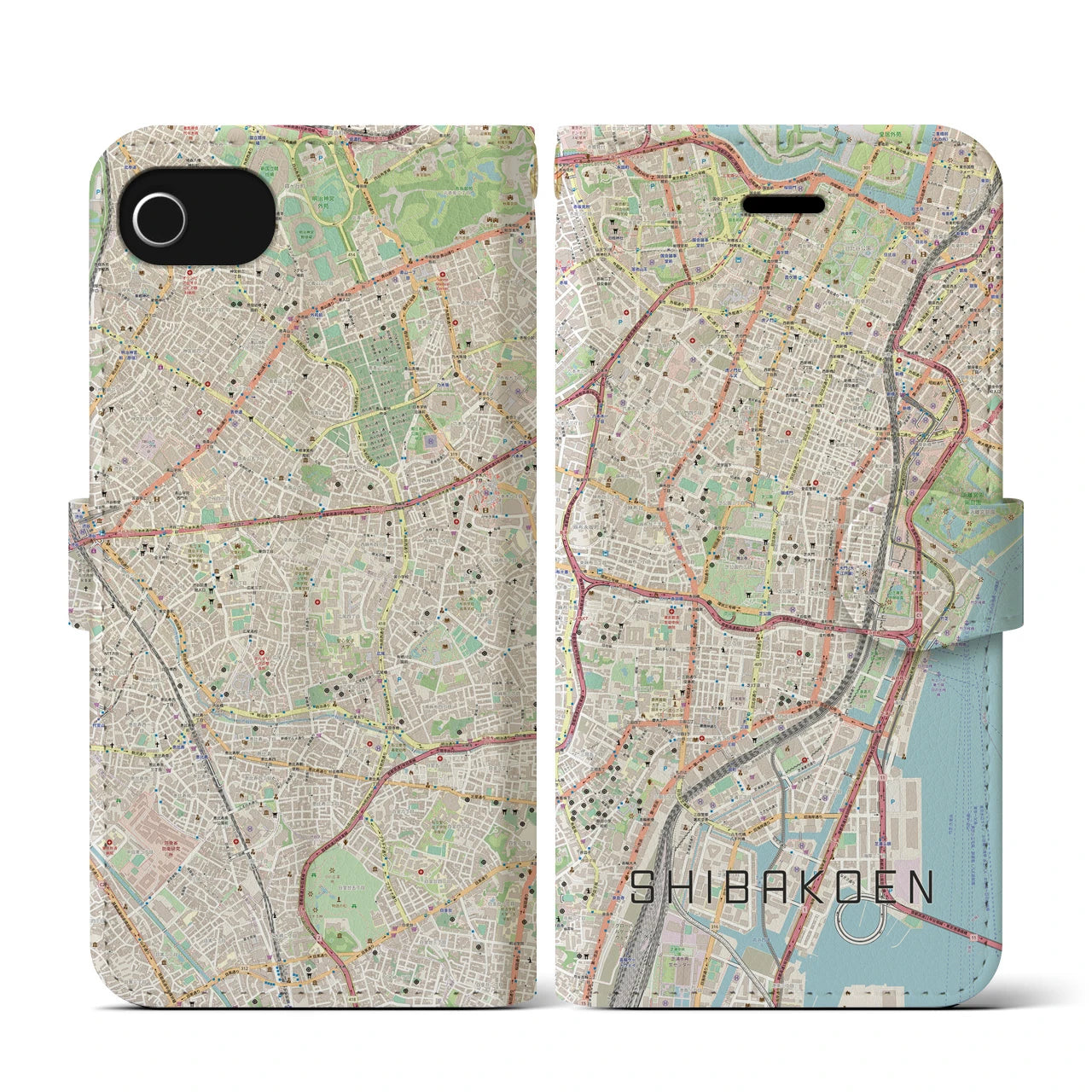 【芝公園】地図柄iPhoneケース（手帳両面タイプ・ナチュラル）iPhone SE（第3 / 第2世代） / 8 / 7 / 6s / 6 用