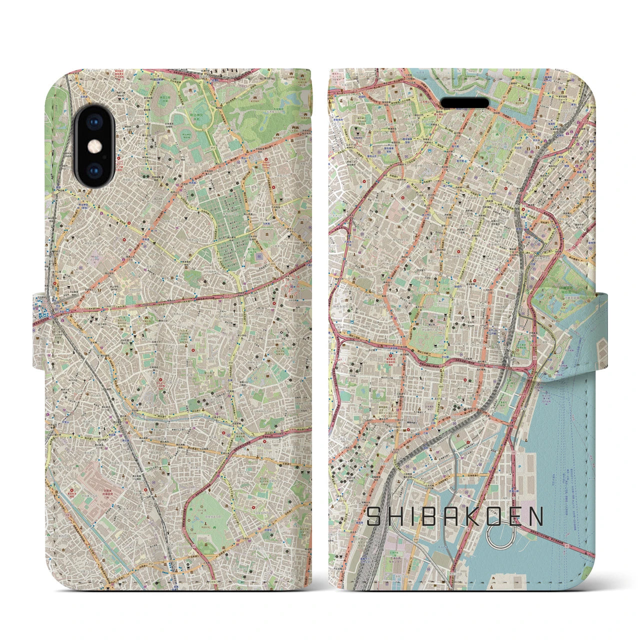 【芝公園】地図柄iPhoneケース（手帳両面タイプ・ナチュラル）iPhone XS / X 用
