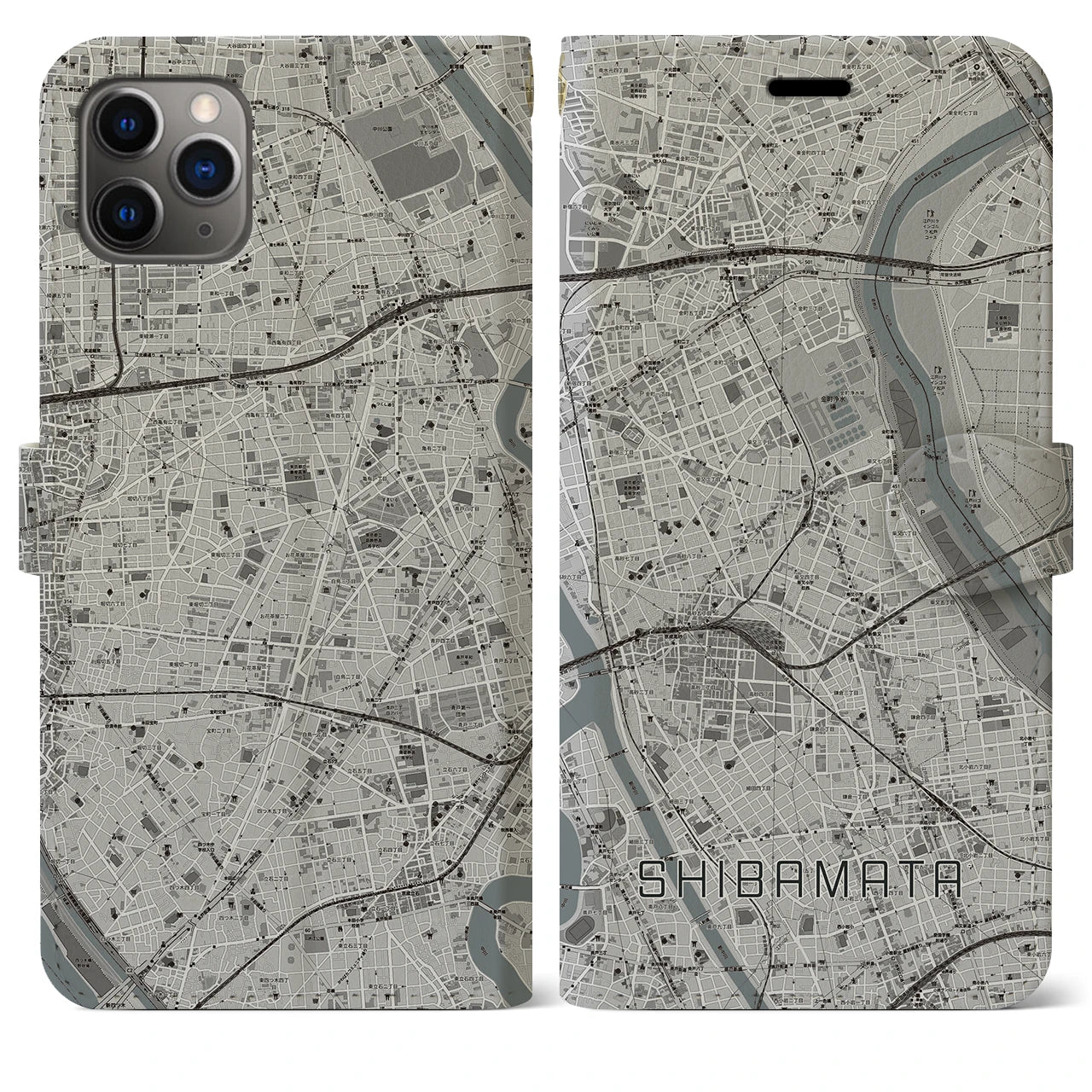 【柴又】地図柄iPhoneケース（手帳両面タイプ・モノトーン）iPhone 11 Pro Max 用