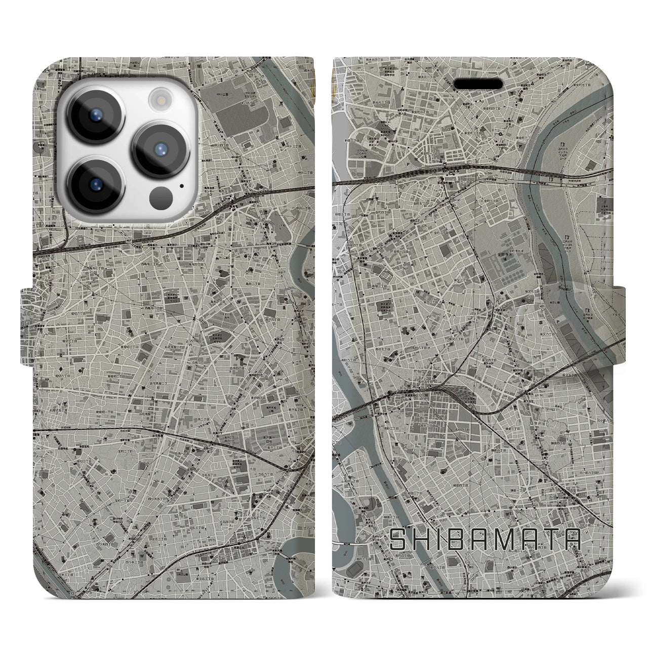 【柴又】地図柄iPhoneケース（手帳両面タイプ・モノトーン）iPhone 14 Pro 用