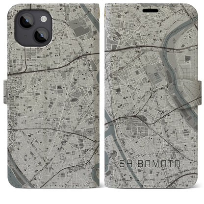 【柴又（東京都）】地図柄iPhoneケース（手帳タイプ）モノトーン・iPhone 14 Plus 用