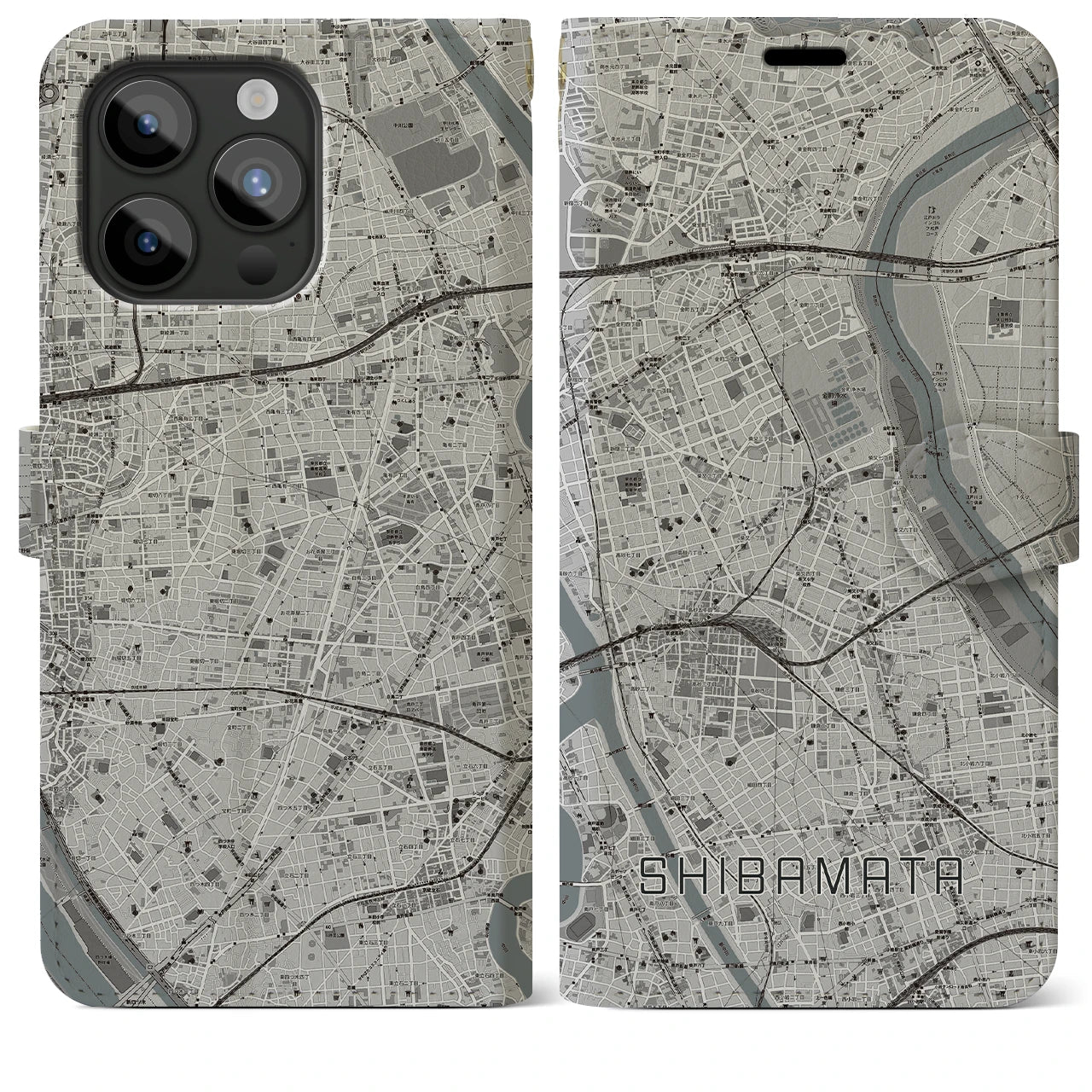 【柴又】地図柄iPhoneケース（手帳両面タイプ・モノトーン）iPhone 15 Pro Max 用