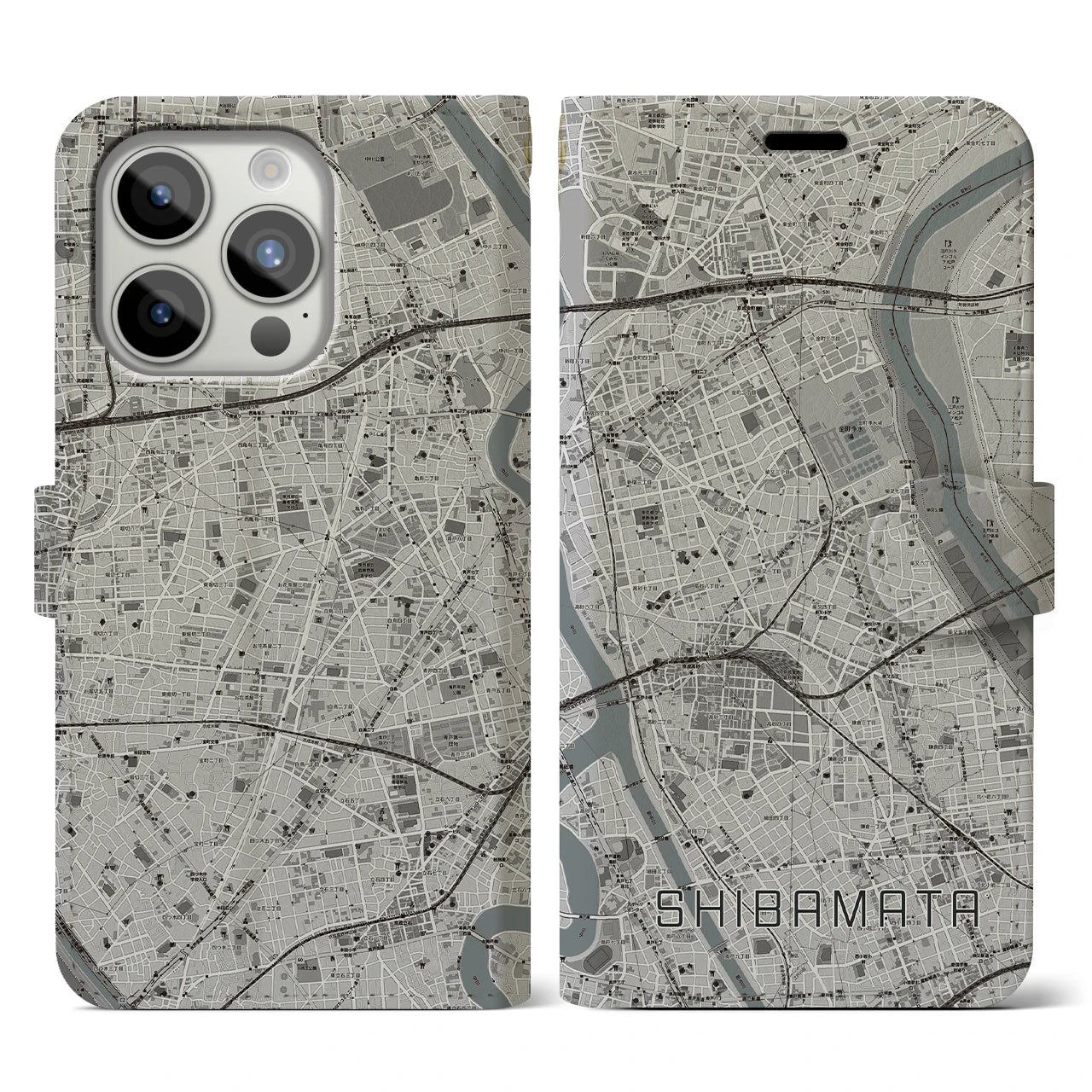 【柴又】地図柄iPhoneケース（手帳両面タイプ・モノトーン）iPhone 15 Pro 用