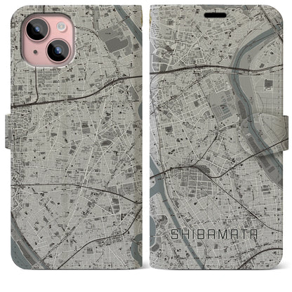 【柴又（東京都）】地図柄iPhoneケース（手帳タイプ）モノトーン・iPhone 15 Plus 用