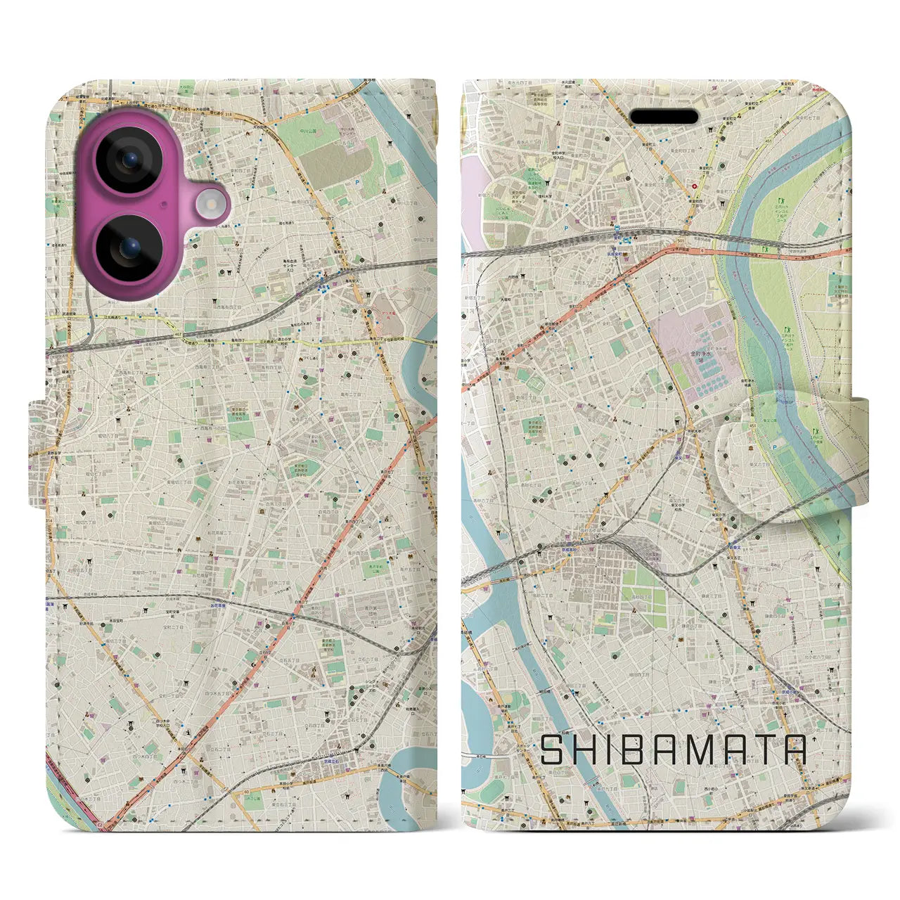 【柴又（東京都）】地図柄iPhoneケース（手帳タイプ）ナチュラル・iPhone 16 Pro 用