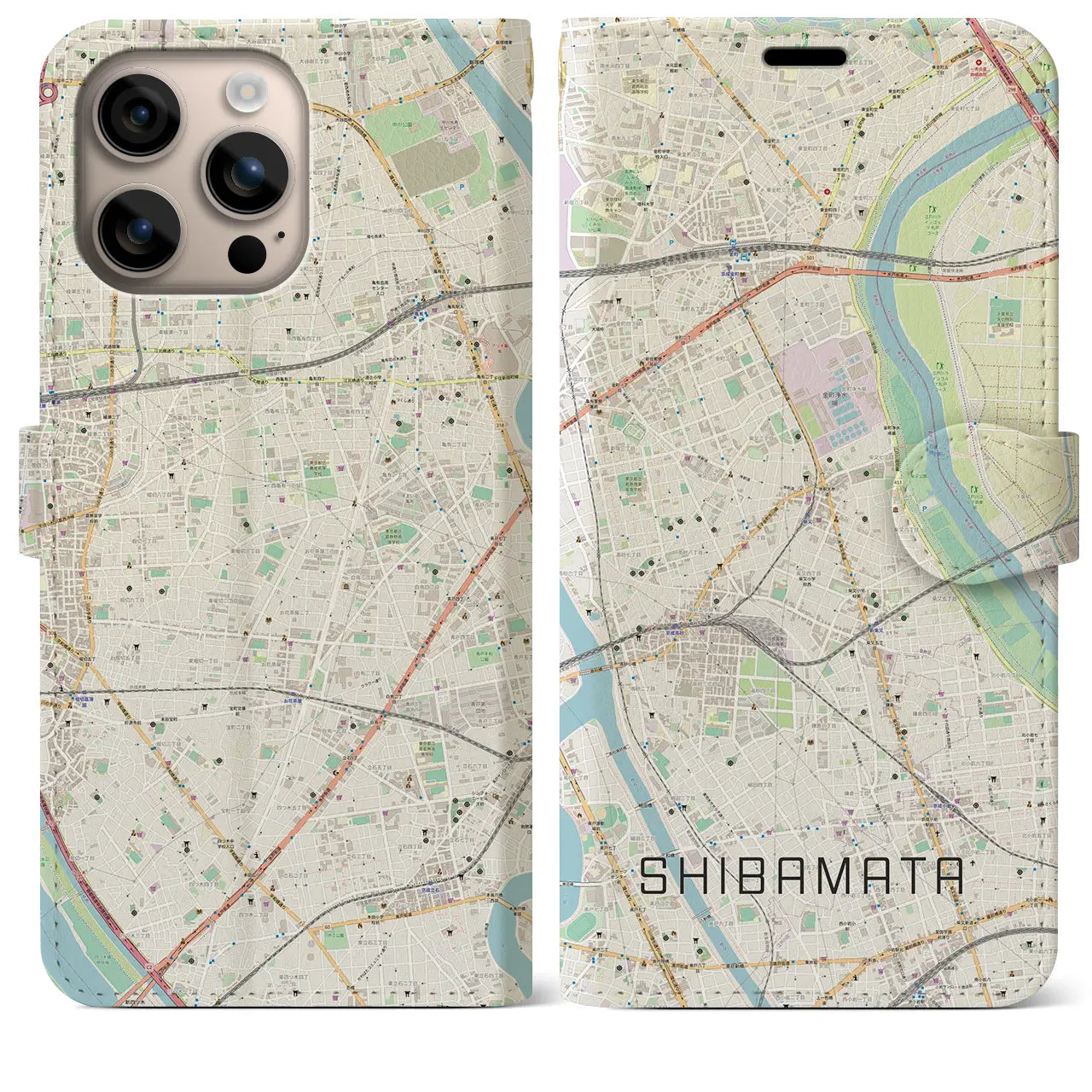 【柴又（東京都）】地図柄iPhoneケース（手帳タイプ）ナチュラル・iPhone 16 Plus 用