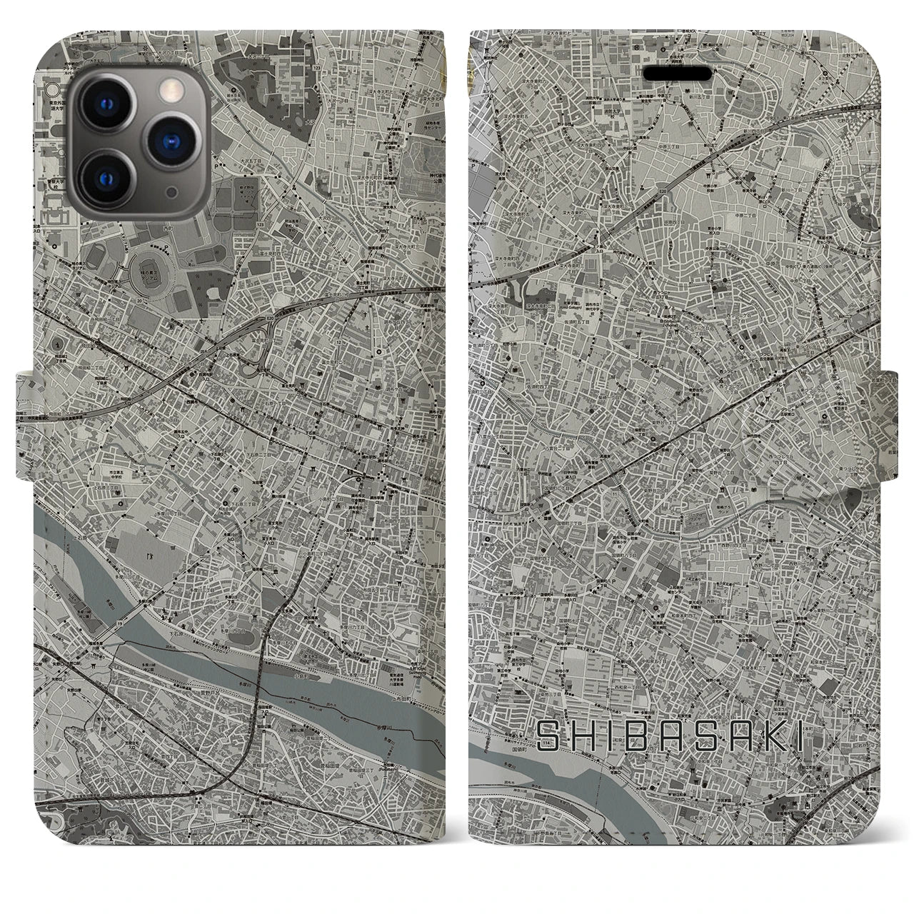 【柴崎】地図柄iPhoneケース（手帳両面タイプ・モノトーン）iPhone 11 Pro Max 用