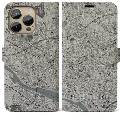 【柴崎】地図柄iPhoneケース（手帳両面タイプ・モノトーン）iPhone 14 Pro Max 用