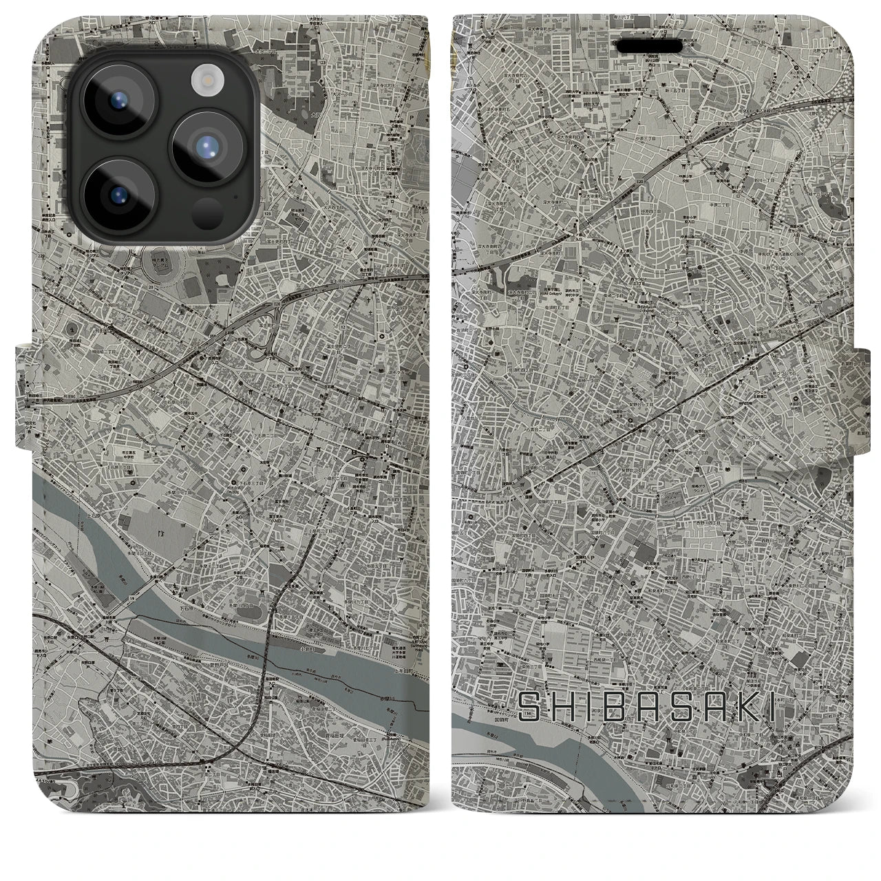 【柴崎】地図柄iPhoneケース（手帳両面タイプ・モノトーン）iPhone 15 Pro Max 用