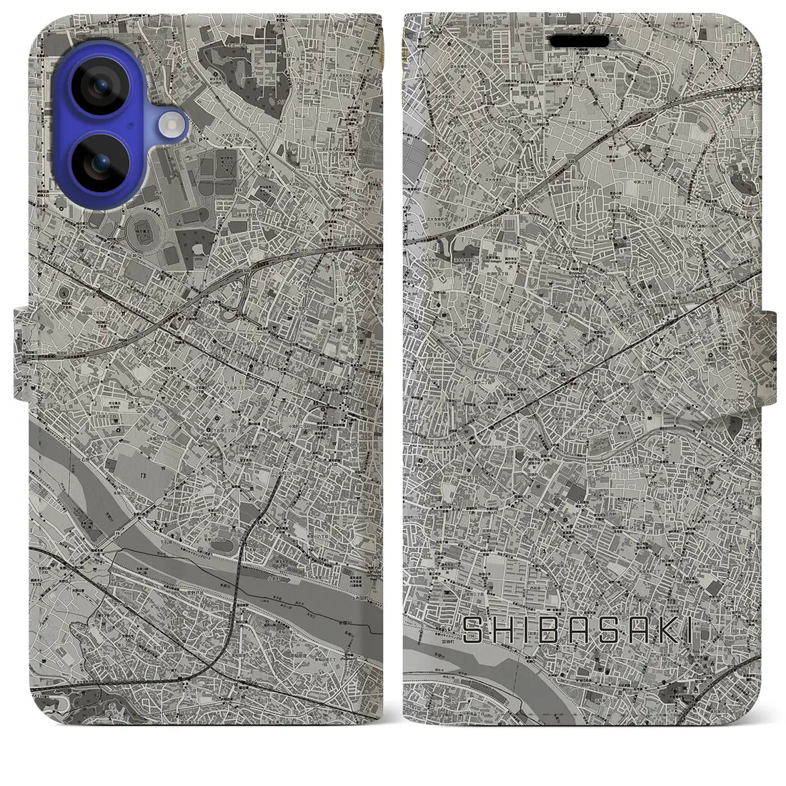 【柴崎(東京都)】地図柄iPhoneケース(手帳タイプ)モノトーン・iPhone 16 Pro Max 用