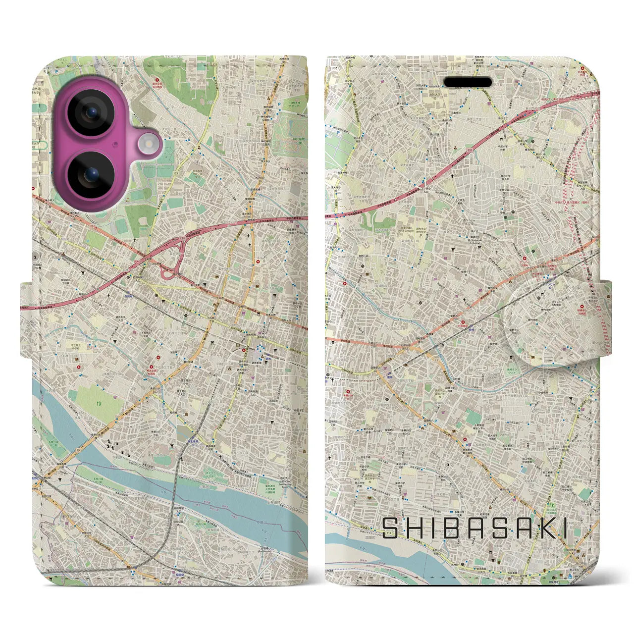 【柴崎（東京都）】地図柄iPhoneケース（手帳タイプ）ナチュラル・iPhone 16 Pro 用