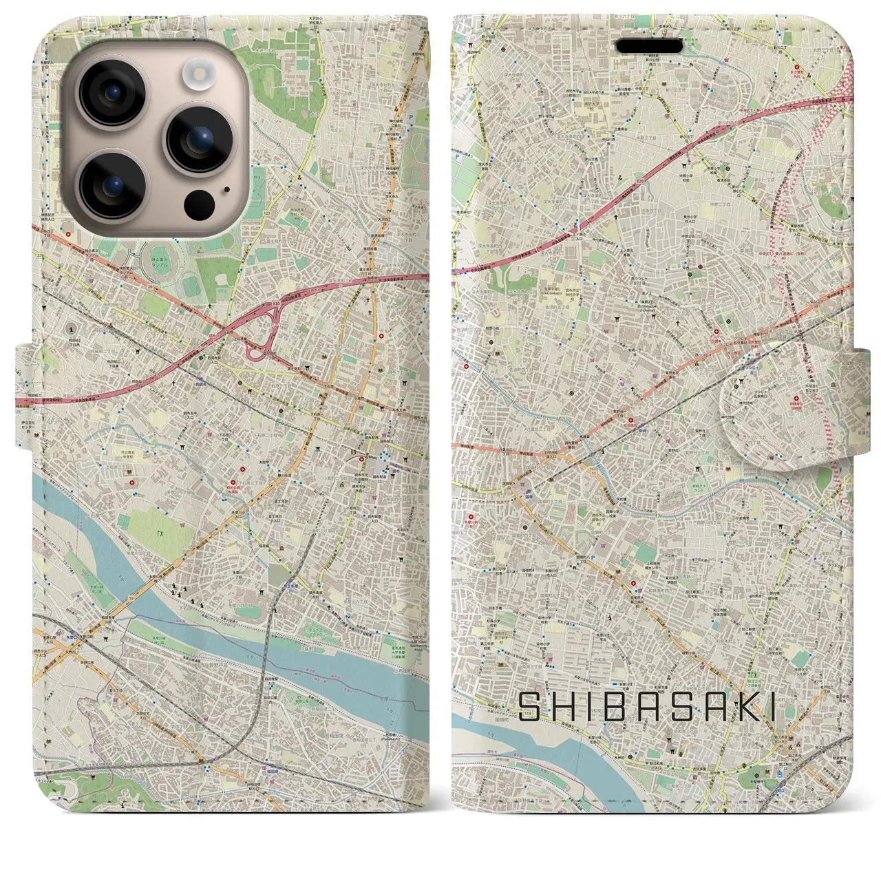 【柴崎（東京都）】地図柄iPhoneケース（手帳タイプ）ナチュラル・iPhone 16 Plus 用