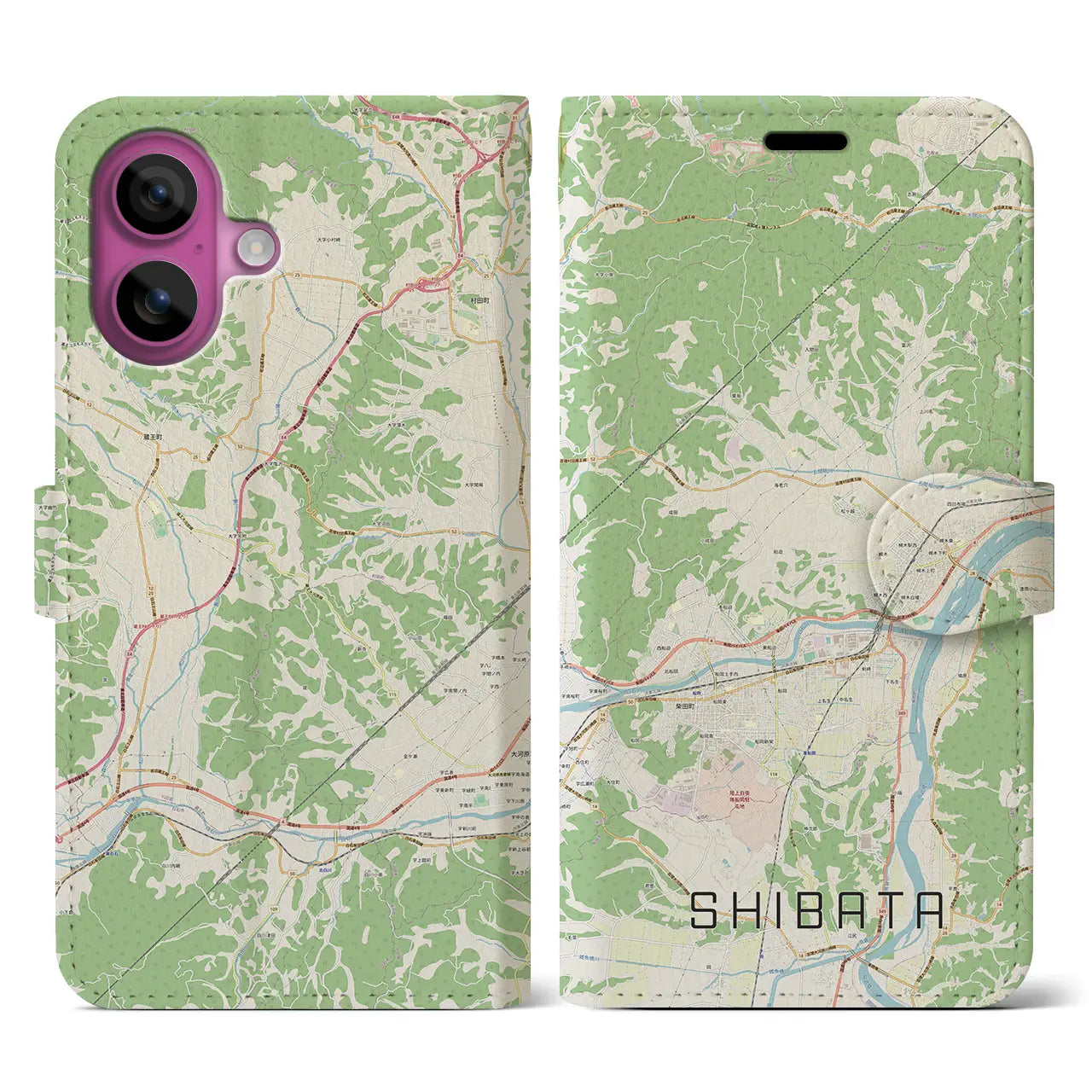 【柴田（宮城県）】地図柄iPhoneケース（手帳タイプ）ナチュラル・iPhone 16 Pro 用