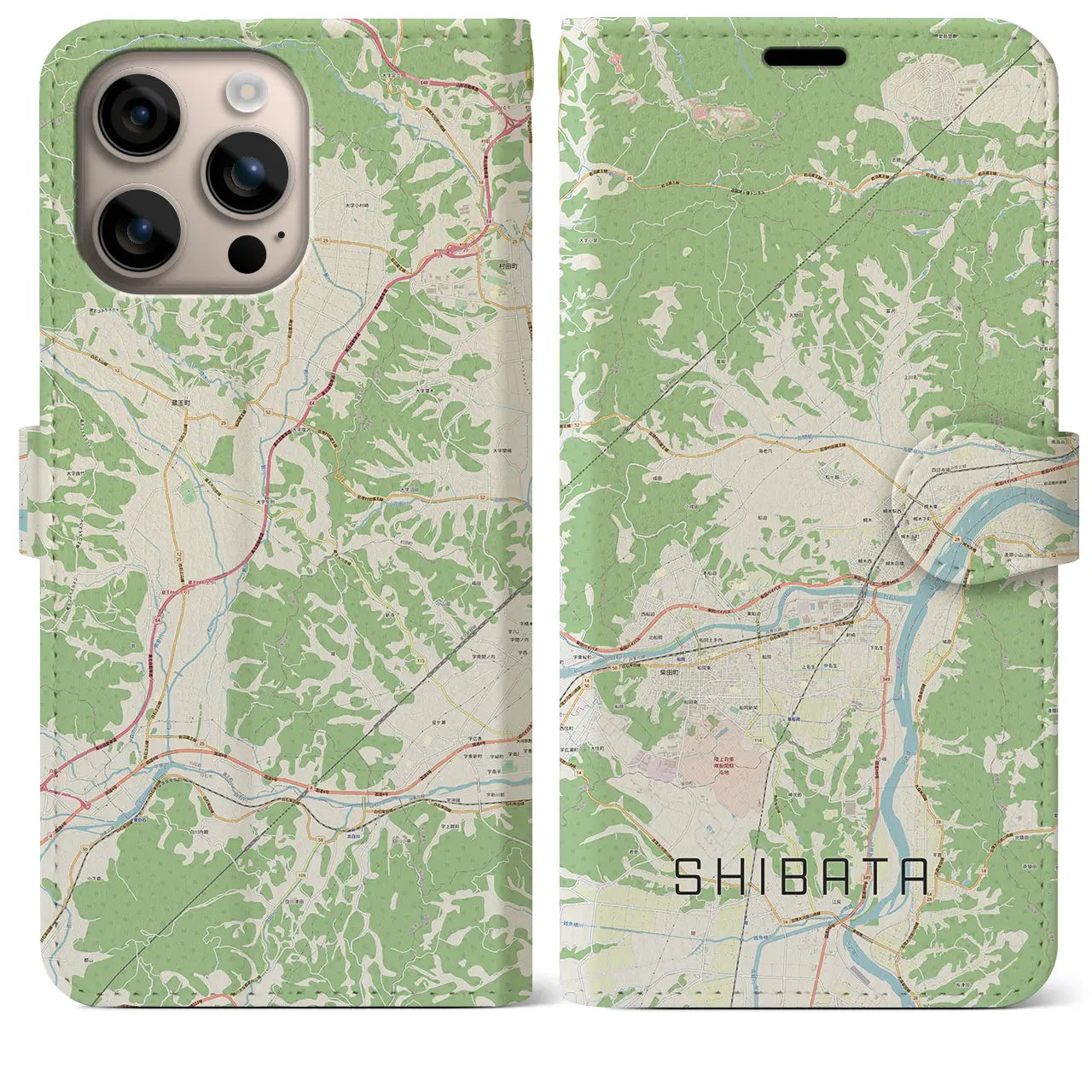 【柴田（宮城県）】地図柄iPhoneケース（手帳タイプ）ナチュラル・iPhone 16 Plus 用