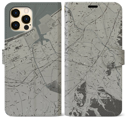 【新発田（新潟県）】地図柄iPhoneケース（手帳タイプ）モノトーン・iPhone 12 Pro Max 用