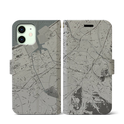 【新発田（新潟県）】地図柄iPhoneケース（手帳タイプ）モノトーン・iPhone 12 mini 用