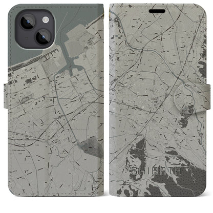 【新発田（新潟県）】地図柄iPhoneケース（手帳タイプ）モノトーン・iPhone 14 Plus 用