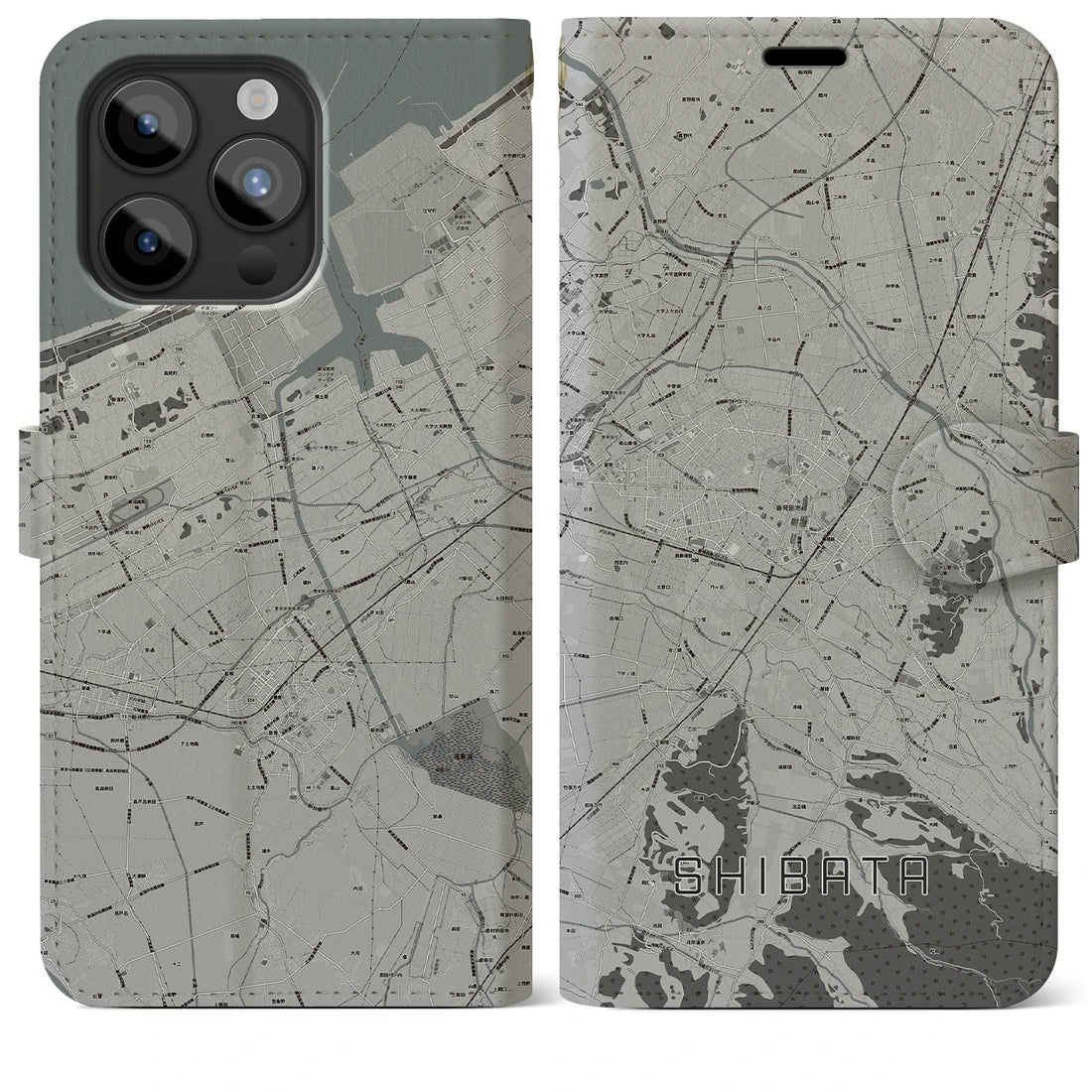【新発田】地図柄iPhoneケース（手帳両面タイプ・モノトーン）iPhone 15 Pro Max 用