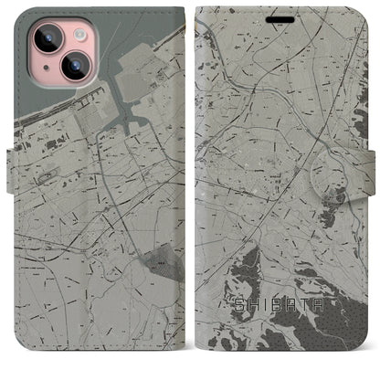 【新発田（新潟県）】地図柄iPhoneケース（手帳タイプ）モノトーン・iPhone 15 Plus 用