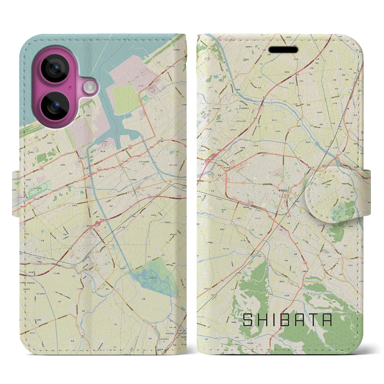 【新発田（新潟県）】地図柄iPhoneケース（手帳タイプ）ナチュラル・iPhone 16 Pro 用