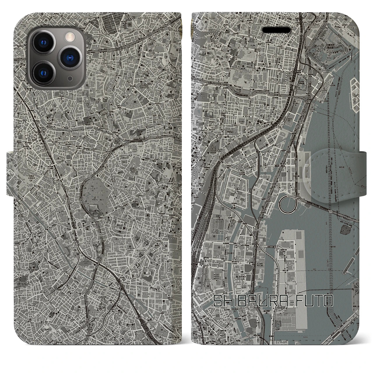 【芝浦ふ頭】地図柄iPhoneケース（手帳両面タイプ・モノトーン）iPhone 11 Pro Max 用