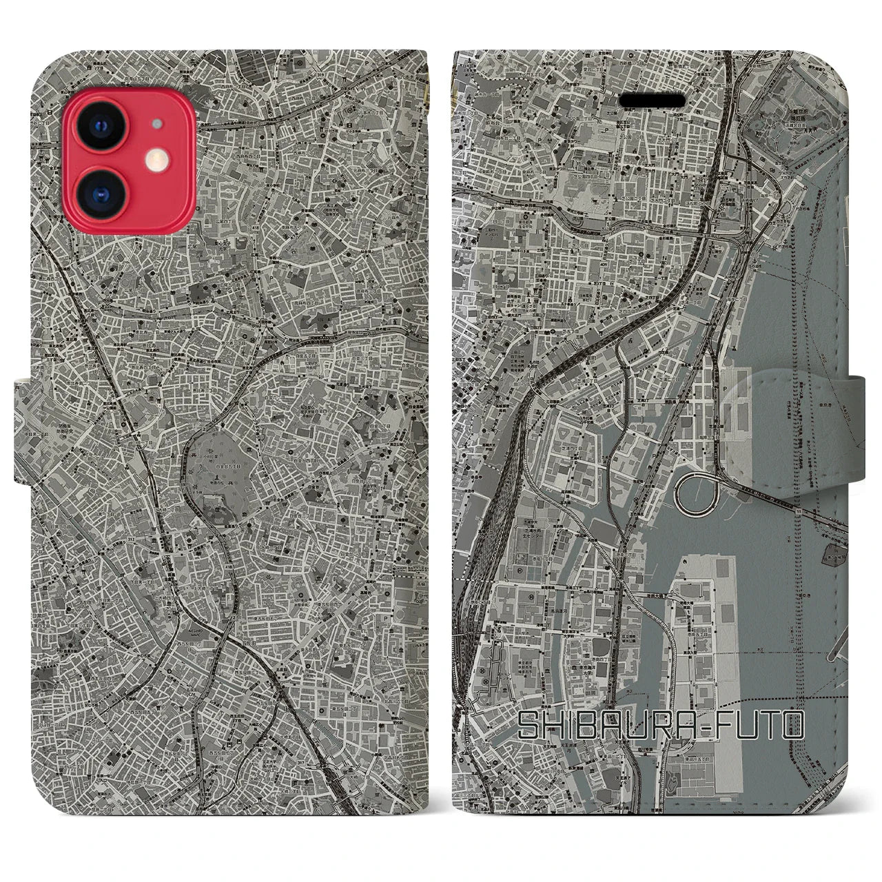 【芝浦ふ頭（東京都）】地図柄iPhoneケース（手帳タイプ）モノトーン・iPhone 11 用