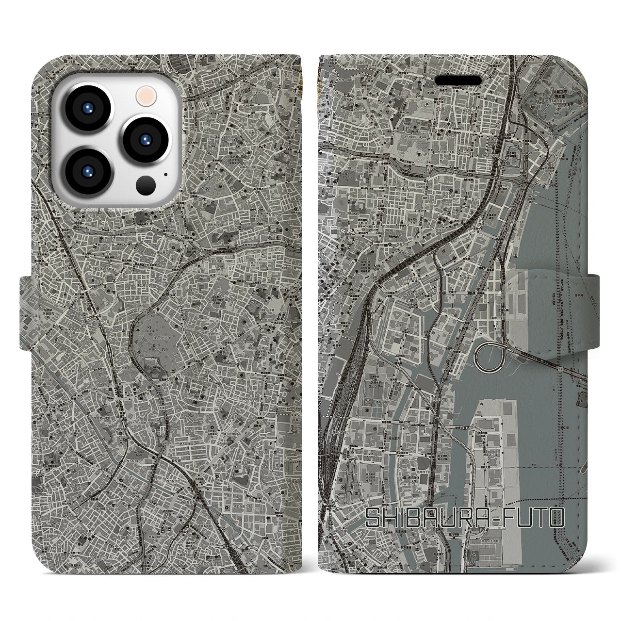 【芝浦ふ頭】地図柄iPhoneケース（手帳両面タイプ・モノトーン）iPhone 13 Pro 用