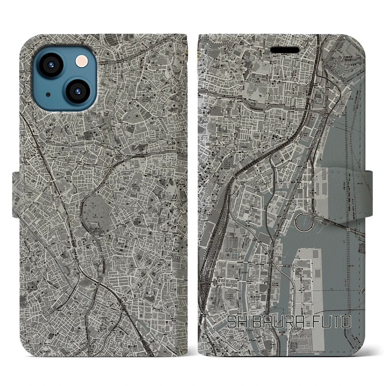 【芝浦ふ頭（東京都）】地図柄iPhoneケース（手帳タイプ）モノトーン・iPhone 13 用