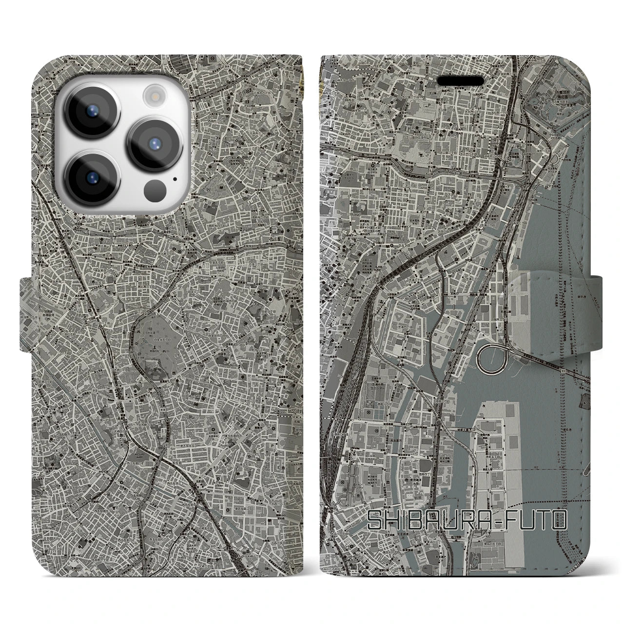 【芝浦ふ頭】地図柄iPhoneケース（手帳両面タイプ・モノトーン）iPhone 14 Pro 用