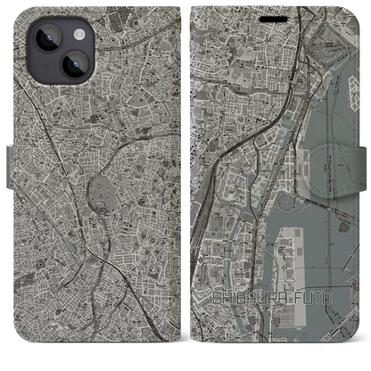 【芝浦ふ頭（東京都）】地図柄iPhoneケース（手帳タイプ）モノトーン・iPhone 14 Plus 用
