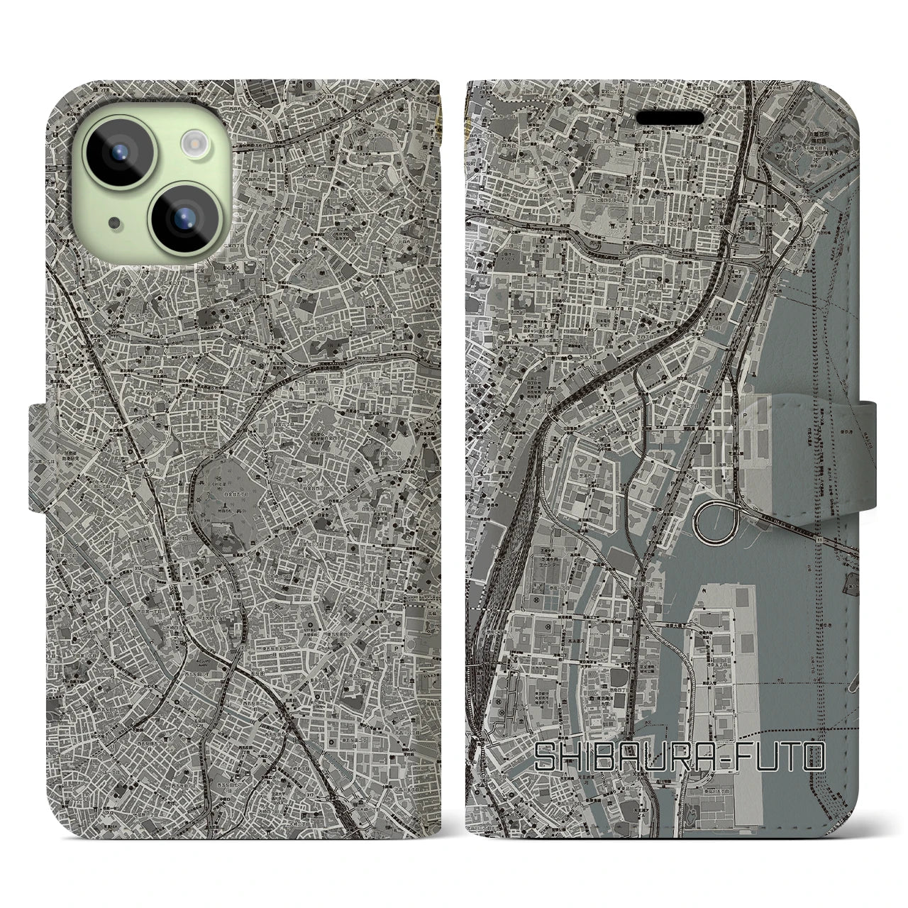 【芝浦ふ頭】地図柄iPhoneケース（手帳両面タイプ・モノトーン）iPhone 15 用