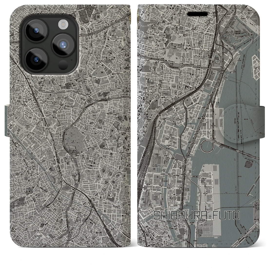 【芝浦ふ頭】地図柄iPhoneケース（手帳両面タイプ・モノトーン）iPhone 15 Pro Max 用