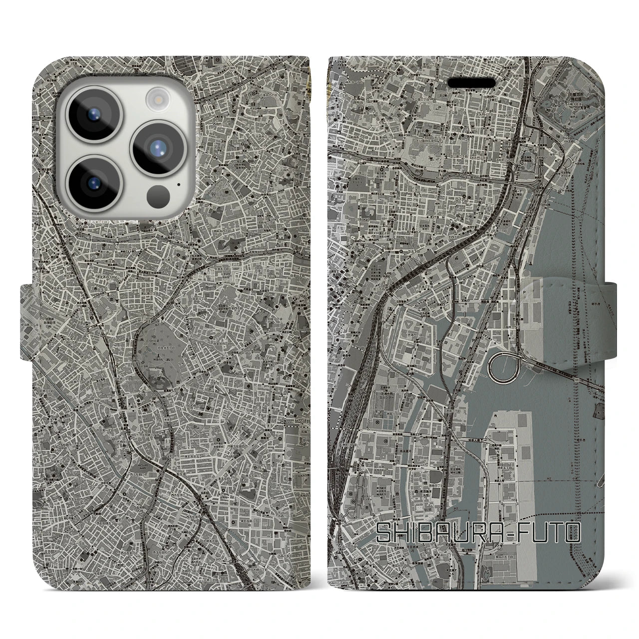 【芝浦ふ頭】地図柄iPhoneケース（手帳両面タイプ・モノトーン）iPhone 15 Pro 用