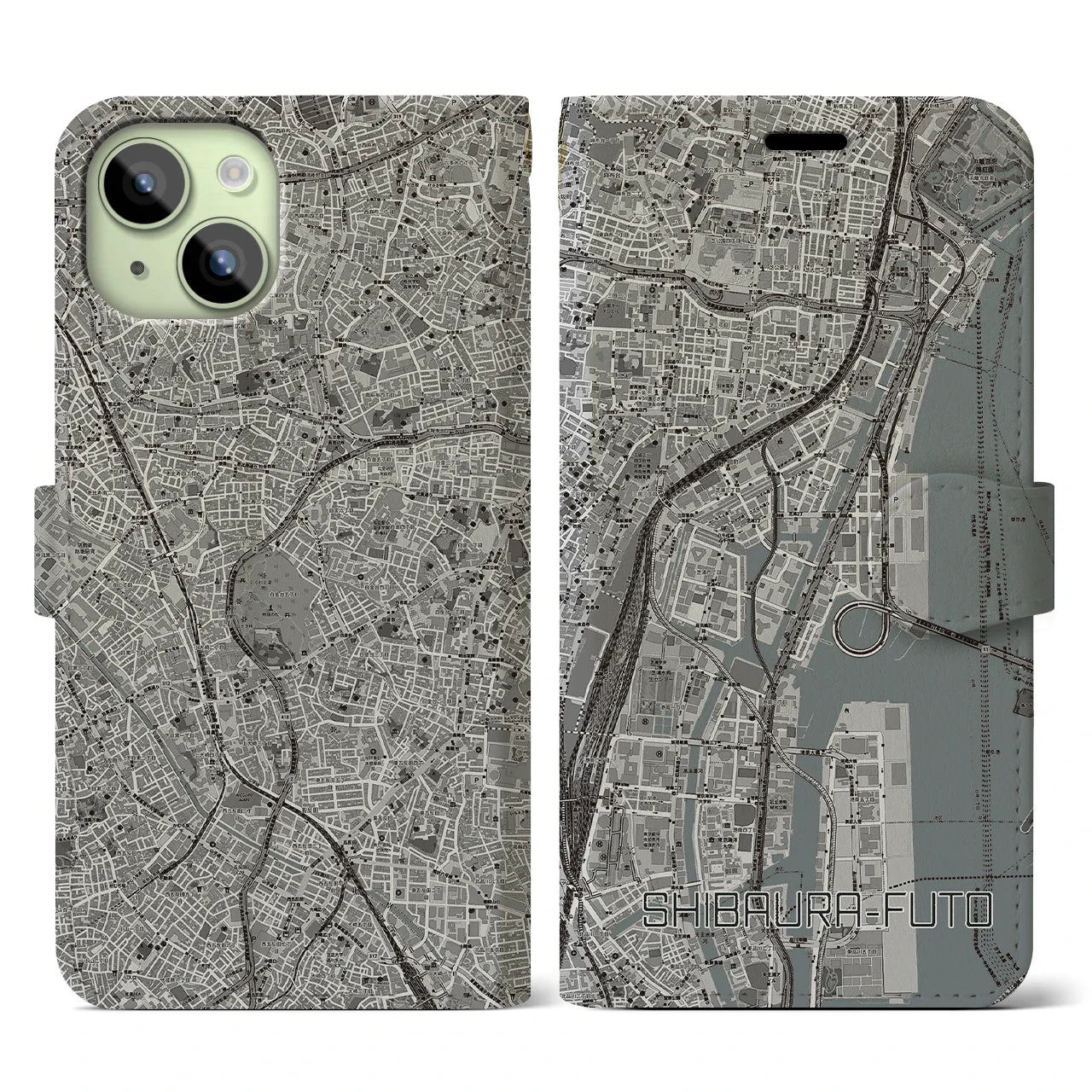 【芝浦ふ頭（東京都）】地図柄iPhoneケース（手帳タイプ）モノトーン・iPhone 15 用