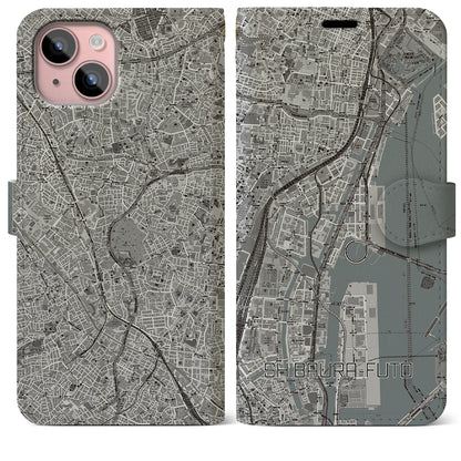 【芝浦ふ頭（東京都）】地図柄iPhoneケース（手帳タイプ）モノトーン・iPhone 15 Plus 用
