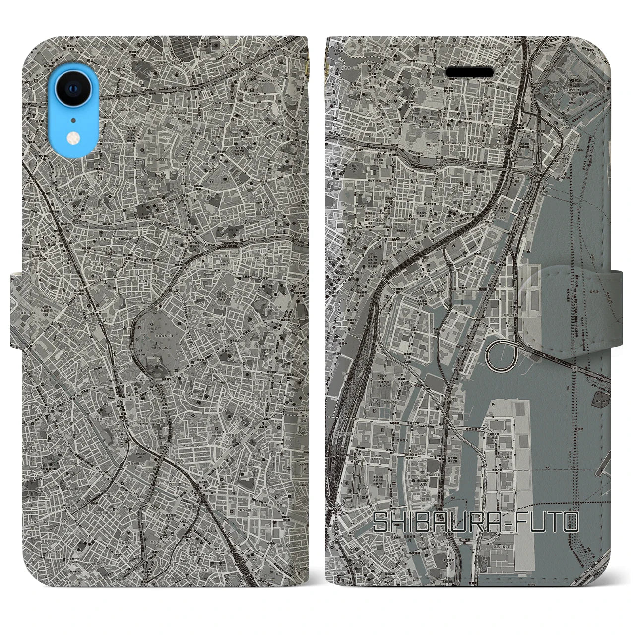 【芝浦ふ頭（東京都）】地図柄iPhoneケース（手帳タイプ）モノトーン・iPhone XR 用