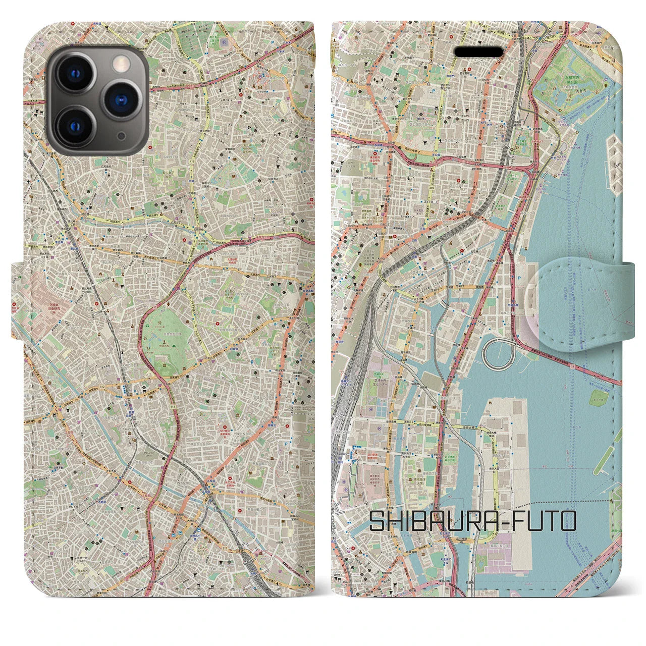 【芝浦ふ頭（東京都）】地図柄iPhoneケース（手帳タイプ）ナチュラル・iPhone 11 Pro Max 用