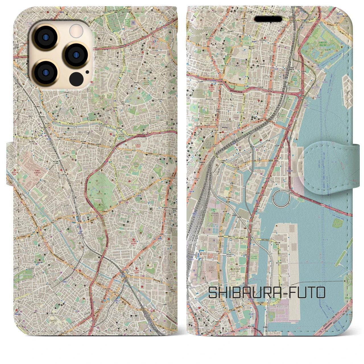 【芝浦ふ頭（東京都）】地図柄iPhoneケース（手帳タイプ）ナチュラル・iPhone 12 Pro Max 用