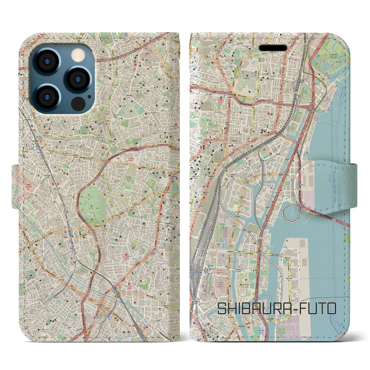 【芝浦ふ頭（東京都）】地図柄iPhoneケース（手帳タイプ）ナチュラル・iPhone 12 / 12 Pro 用