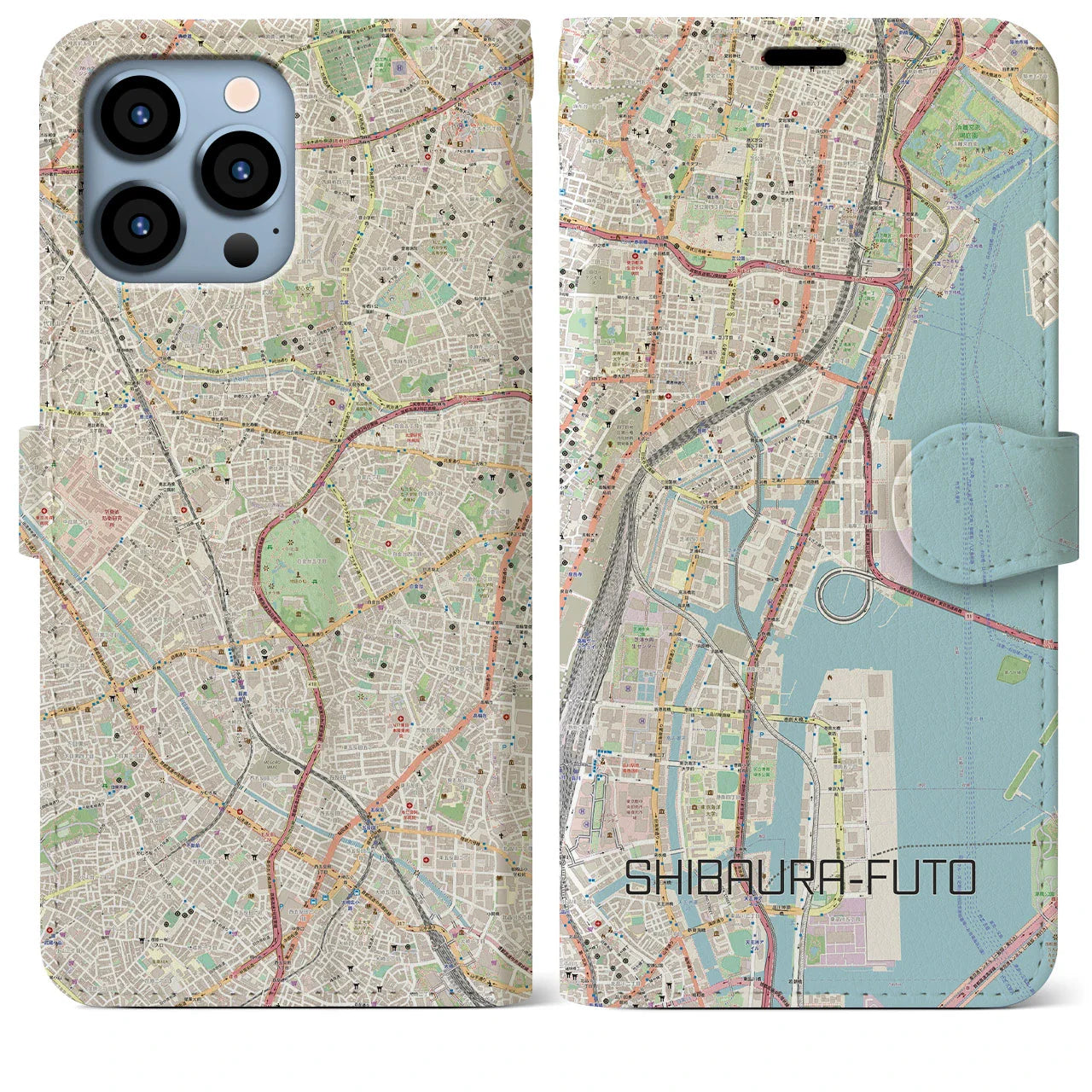 【芝浦ふ頭（東京都）】地図柄iPhoneケース（手帳タイプ）ナチュラル・iPhone 13 Pro Max 用