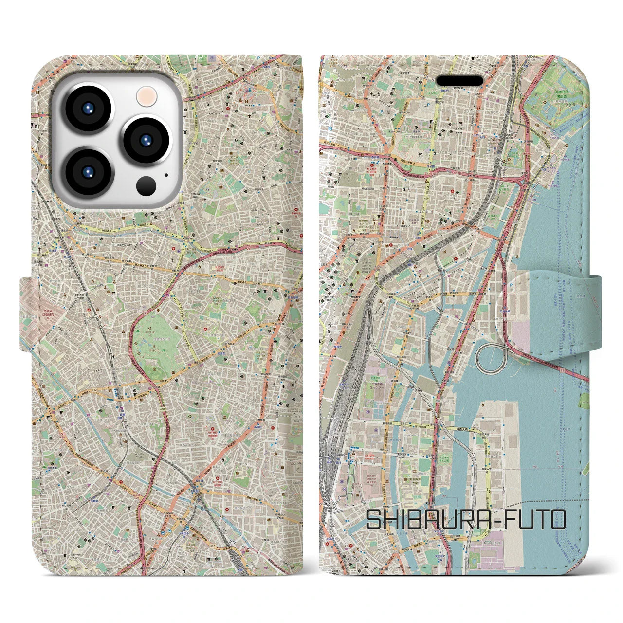 【芝浦ふ頭（東京都）】地図柄iPhoneケース（手帳タイプ）ナチュラル・iPhone 13 Pro 用