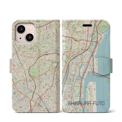 【芝浦ふ頭（東京都）】地図柄iPhoneケース（手帳タイプ）ナチュラル・iPhone 13 mini 用