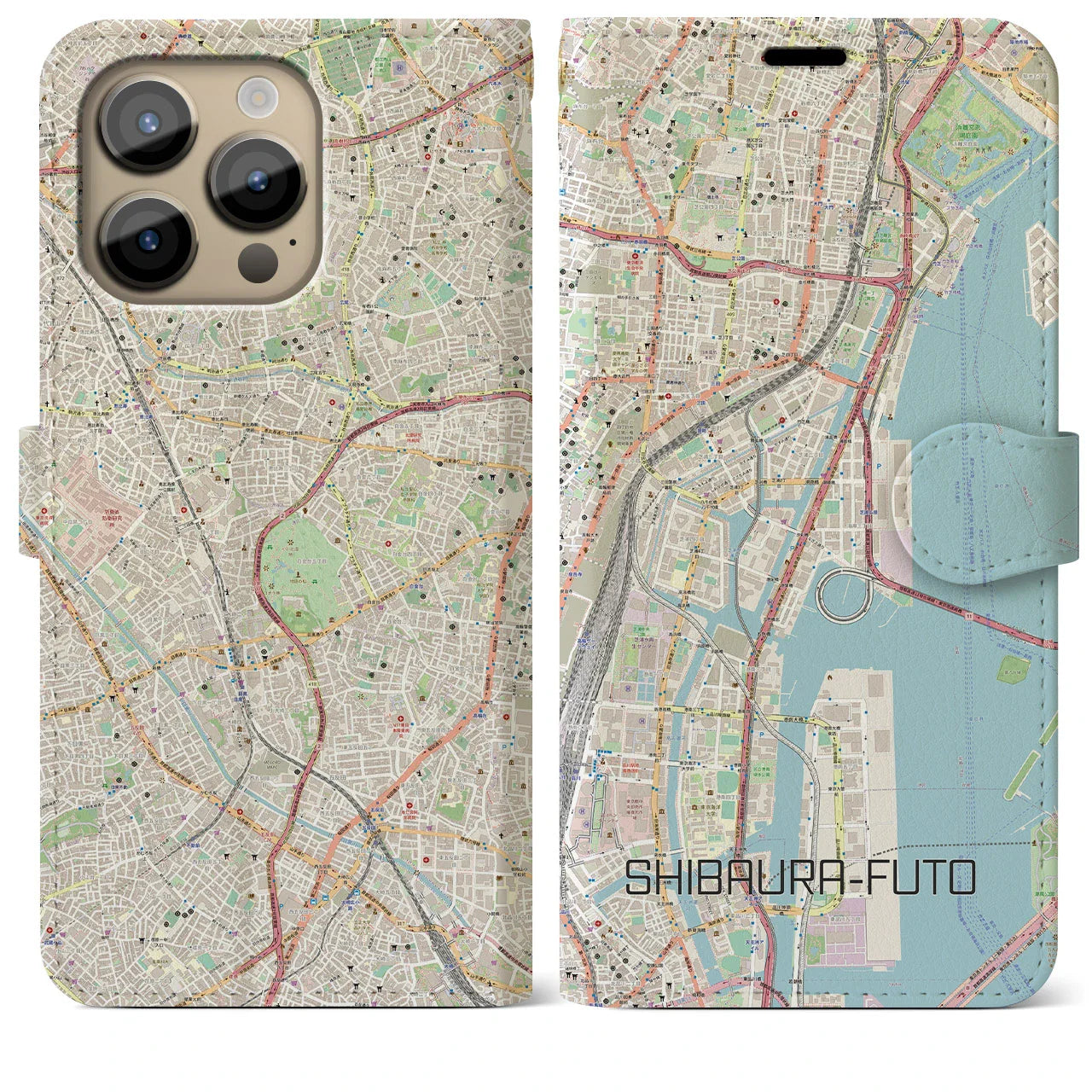 【芝浦ふ頭（東京都）】地図柄iPhoneケース（手帳タイプ）ナチュラル・iPhone 14 Pro Max 用