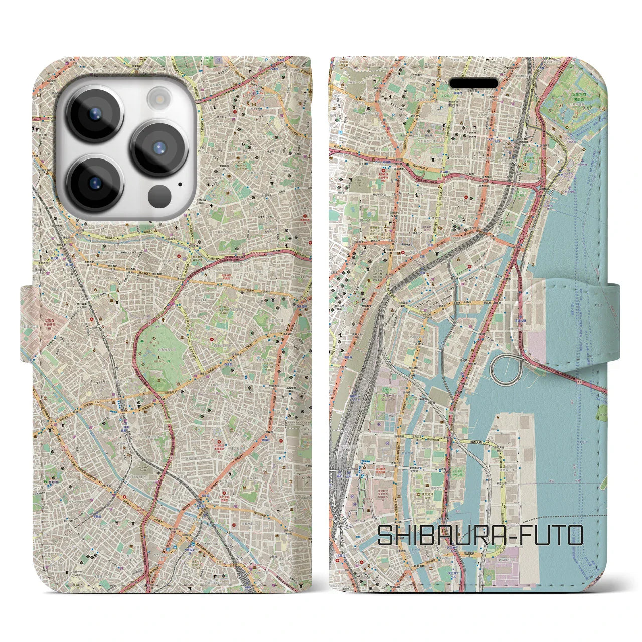 【芝浦ふ頭（東京都）】地図柄iPhoneケース（手帳タイプ）ナチュラル・iPhone 14 Pro 用