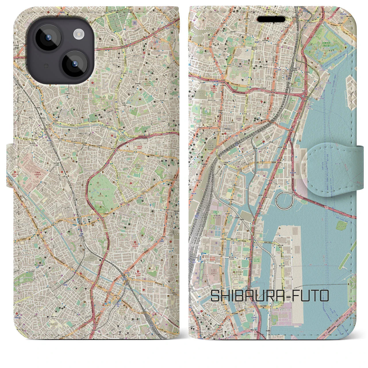 【芝浦ふ頭（東京都）】地図柄iPhoneケース（手帳タイプ）ナチュラル・iPhone 14 Plus 用